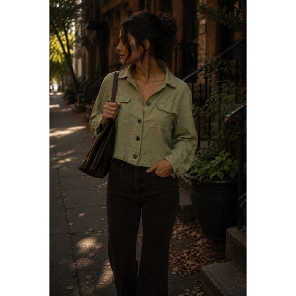 Nicole Miller Sage Green Cropped Linen Lyocell Button Down Shirt